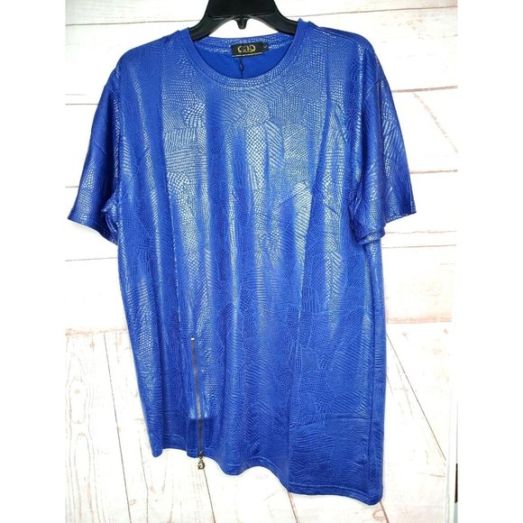 Gold Leaf Large Blue Leathery Design Short Sleeve Slant Zipper Hem Shirt - Picture 1 of 12